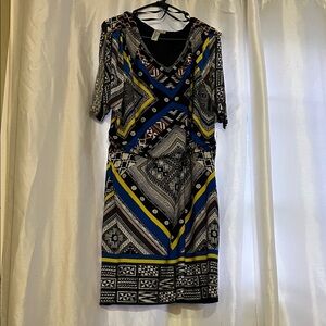 Emma & Michele Black, Blue & Yellow Geometric Midi Dress
